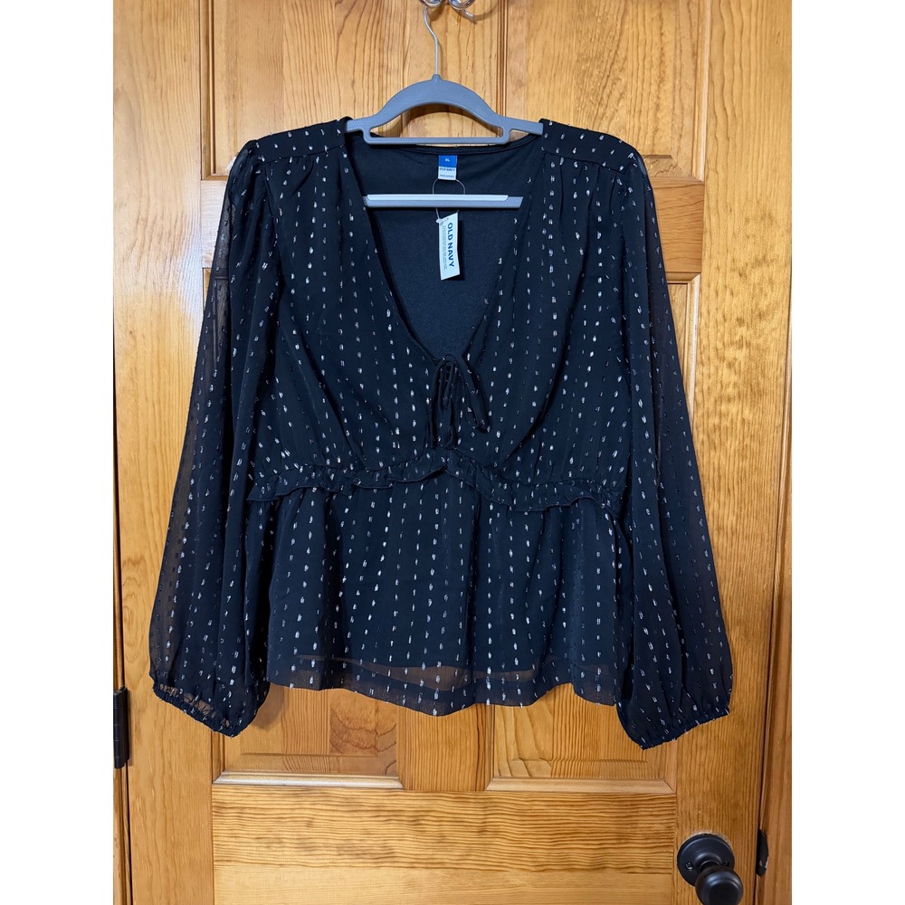 Old Navy Womens XL Black Silver Metallic Clip Dot V-Neck Tie Peplum Blouse NWT